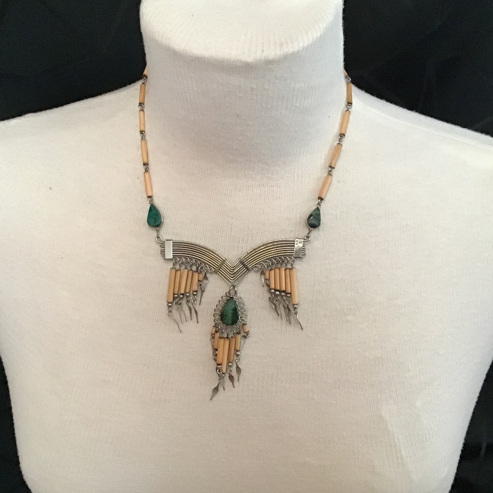 Boho necklace with bamboo bead & wire accents and turquoise stones with spikes